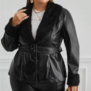 Black 4X Fuzzy Trim Shawl Collar Buckle Belted PU Leather Jacket Fall Winter